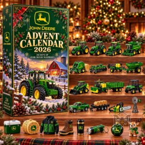 John Deere advent calendar with tractor scene and holiday decorations