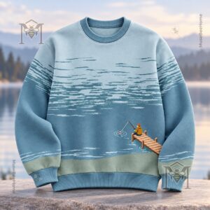 Fishing Vintage Pier Scene Sweatshirt - front view showing pixel-art angler and dock