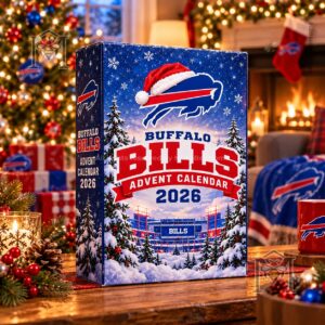 Buffalo Bills Christmas Advent Calendar 2026 - front and side panels with Santa hat logo