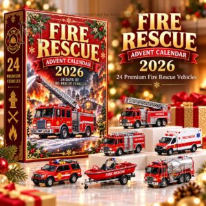 Fire Rescue Vehicles Advent Calendar 2026 - box and miniature rescue vehicles displayed