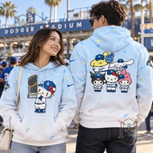 Los Angeles Dodgers Hello Kitty and Friends Hoodie - front view with Hello Kitty and trophy