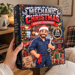 Mechanic Christmas Advent Calendar 2026 - close view of tools, gifts, boots, and wheel ornament