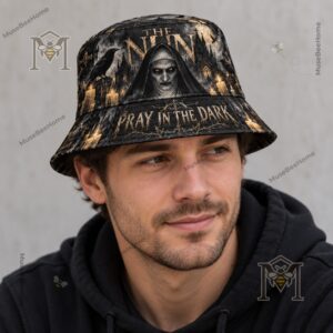 The Nun Pray In The Dark Bucket Hat - side view showing ravens, candles, and cathedral graphics