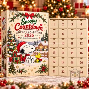 Peanuts Snoopy Advent Calendar Christmas 2026 - front design showing snowy cabin scene