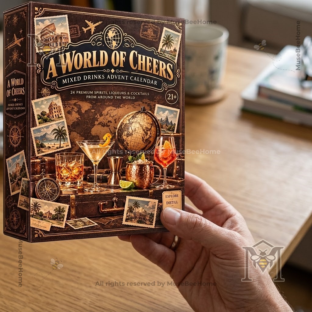 A World Of Cheers 24 Mixed Drinks Advent Calendar - cocktail illustrations and bottle lineup