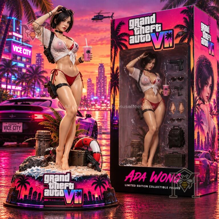 Ada Wong Grand Theft Auto VI Vinyl Figure - front view beside collector box