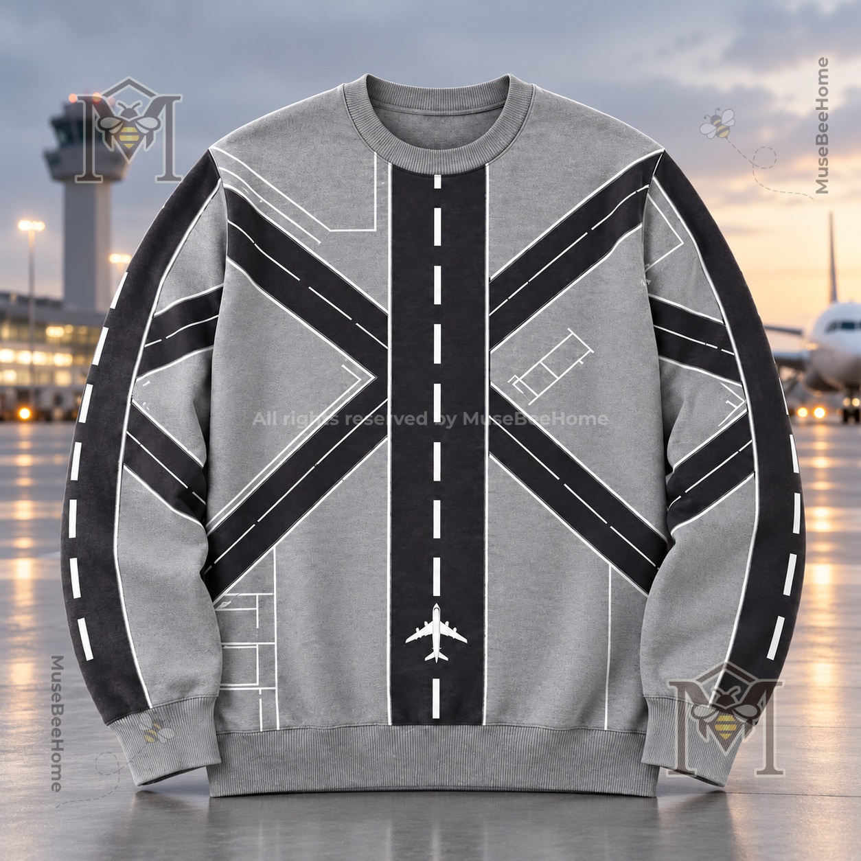 Airport Runway Graphic Crewneck Sweatshirt - front view showing runway and airplane graphics