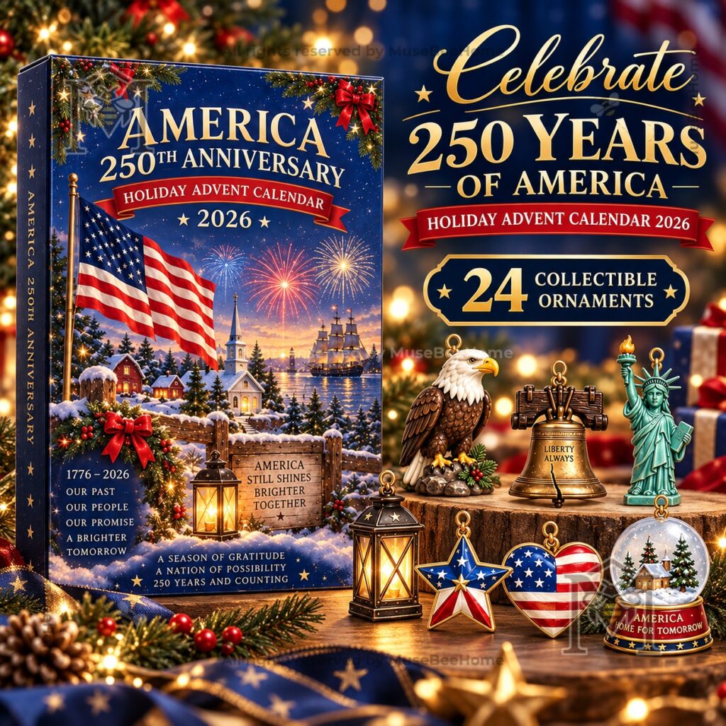 America 250th Anniversary Holiday 2026 Advent Calendar – Front box with patriotic ornament America 250th Anniversary Holiday 2026 Advent Calendar - front box with patriotic ornament illustrations