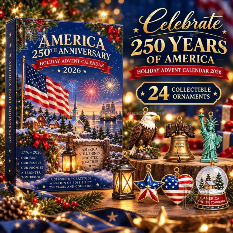 America 250th Anniversary Holiday 2026 Advent Calendar - front box with patriotic ornament illustrations