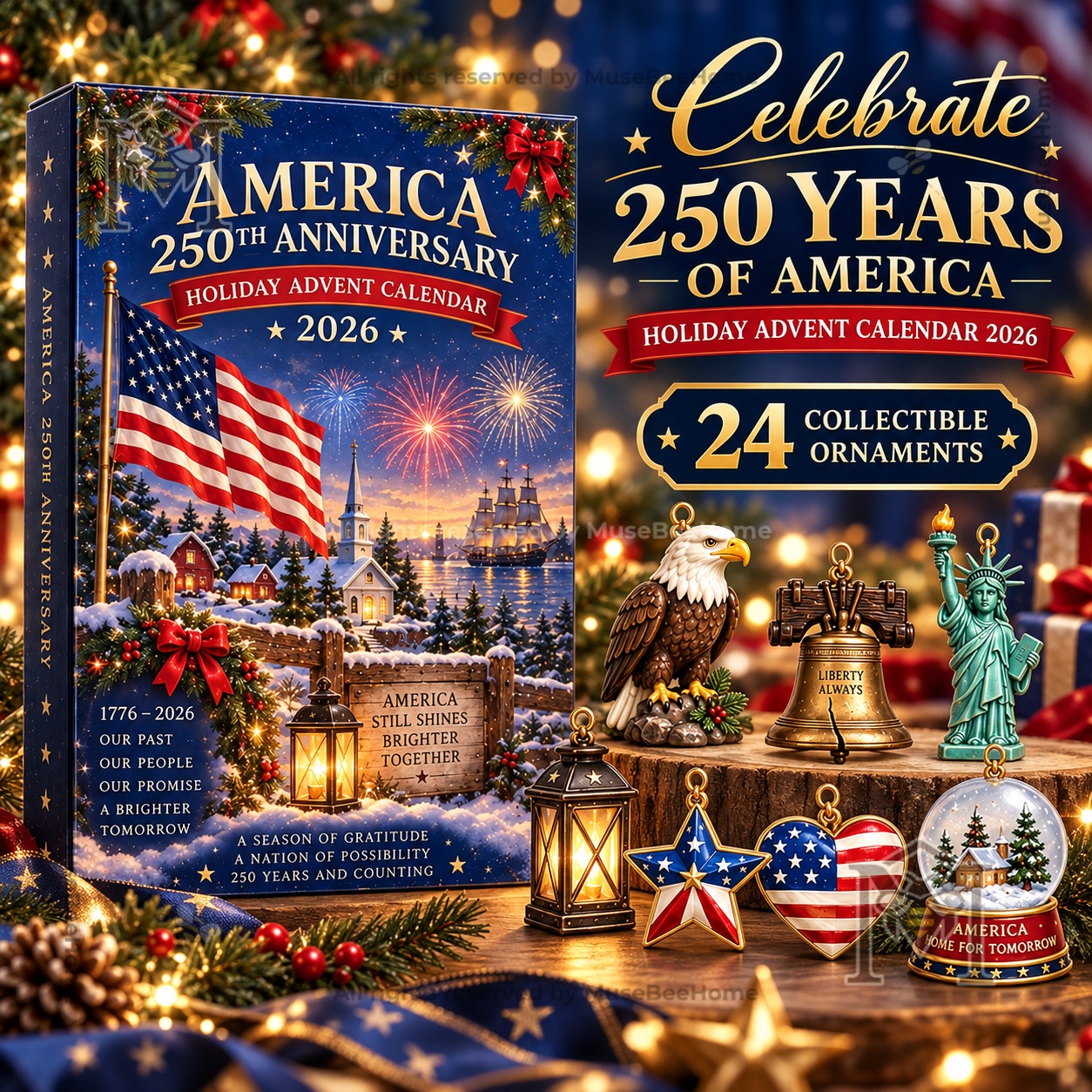 America 250th Anniversary Holiday 2026 Advent Calendar - front box with patriotic ornament illustrations