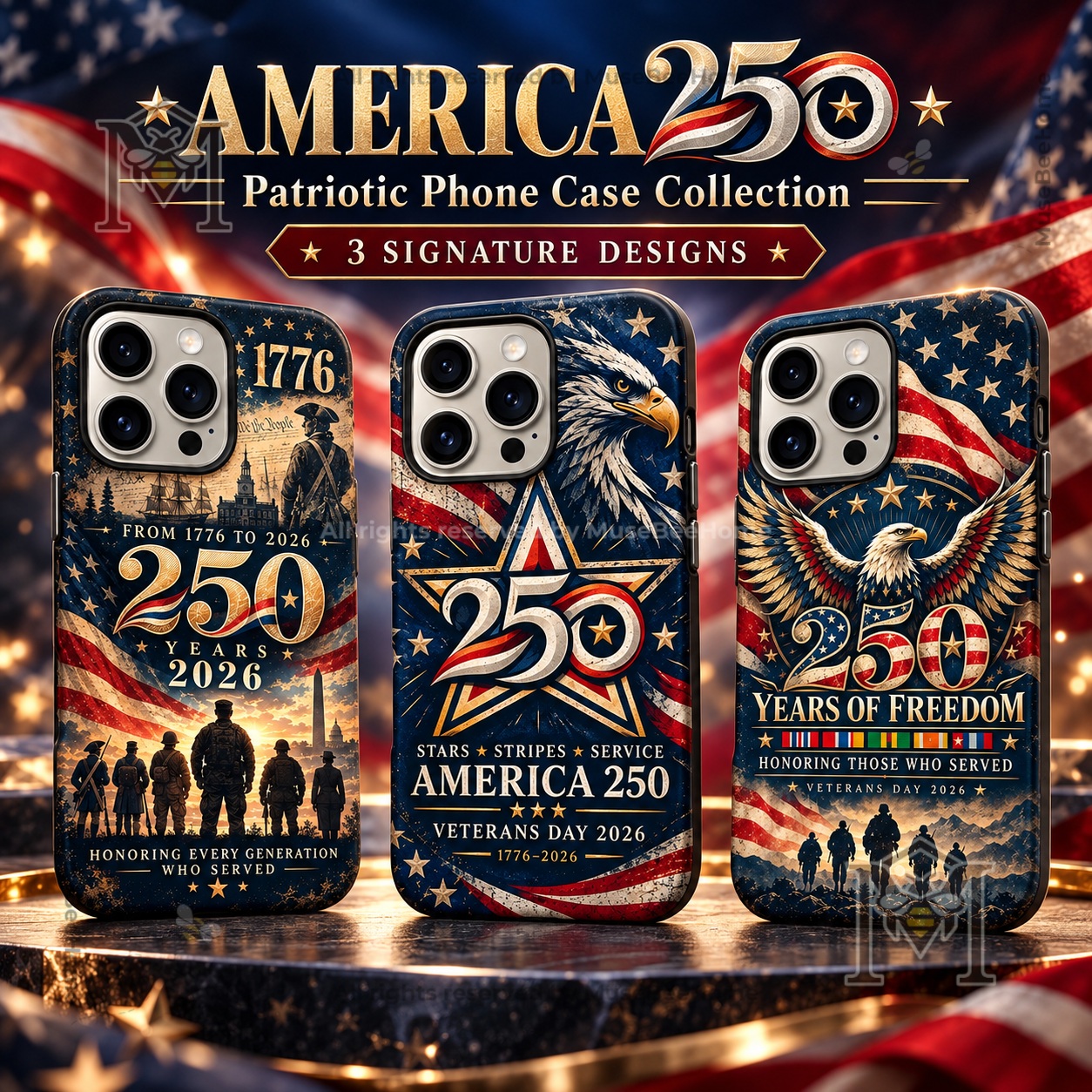 America 250th Anniversary Veterans Day 2026 Phone Case - three patriotic case designs displayed front-facing