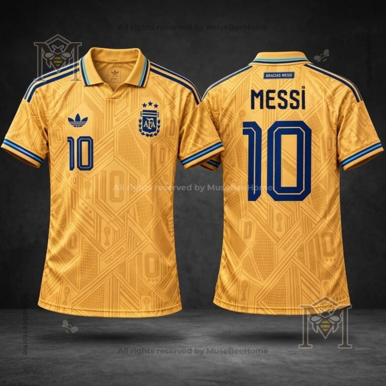 Argentina National Football Team Messi Gracias Messi Gold Tribute Soccer Jersey - front and back views