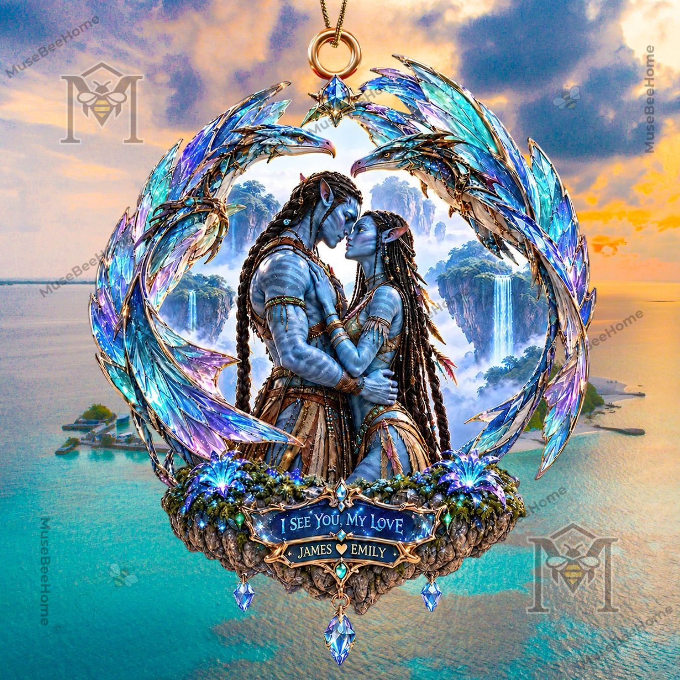 Avatar Navi Couple Personalized Ornament - front view with embracing couple and name plaque