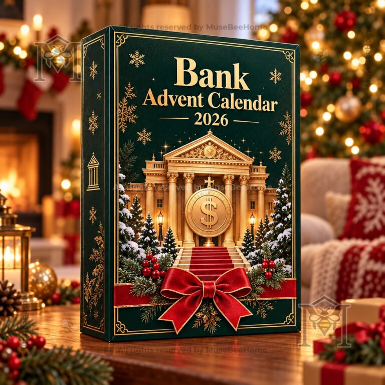 Bank Christmas Advent Calendar 2026 - front view showing bank artwork and red bow