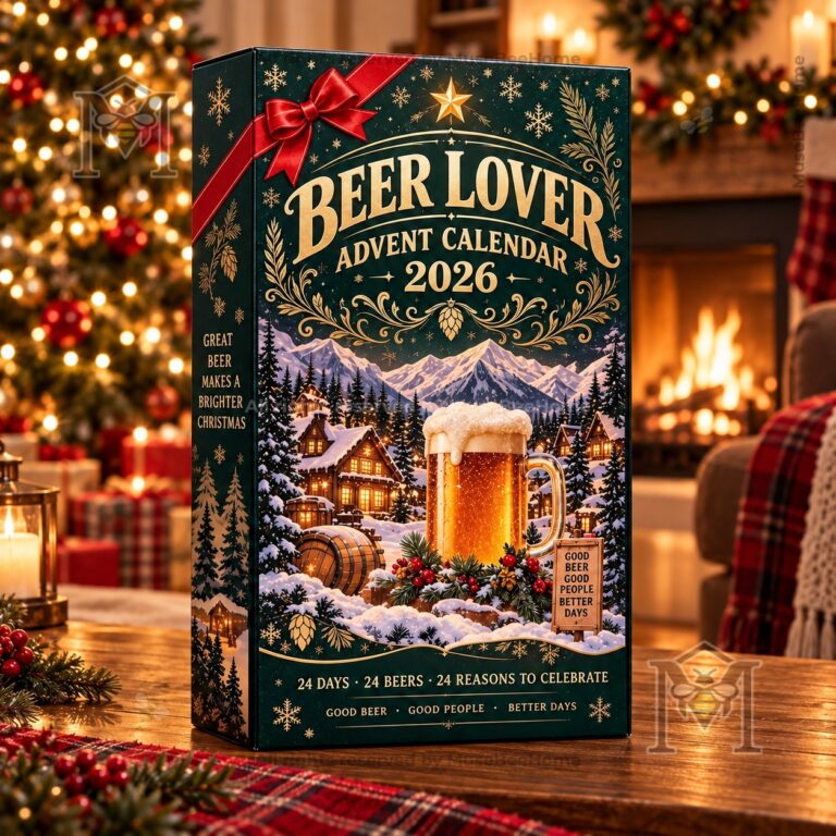 Beer Lover Christmas 2026 Advent Calendar - front view showing snowy beer-themed artwork