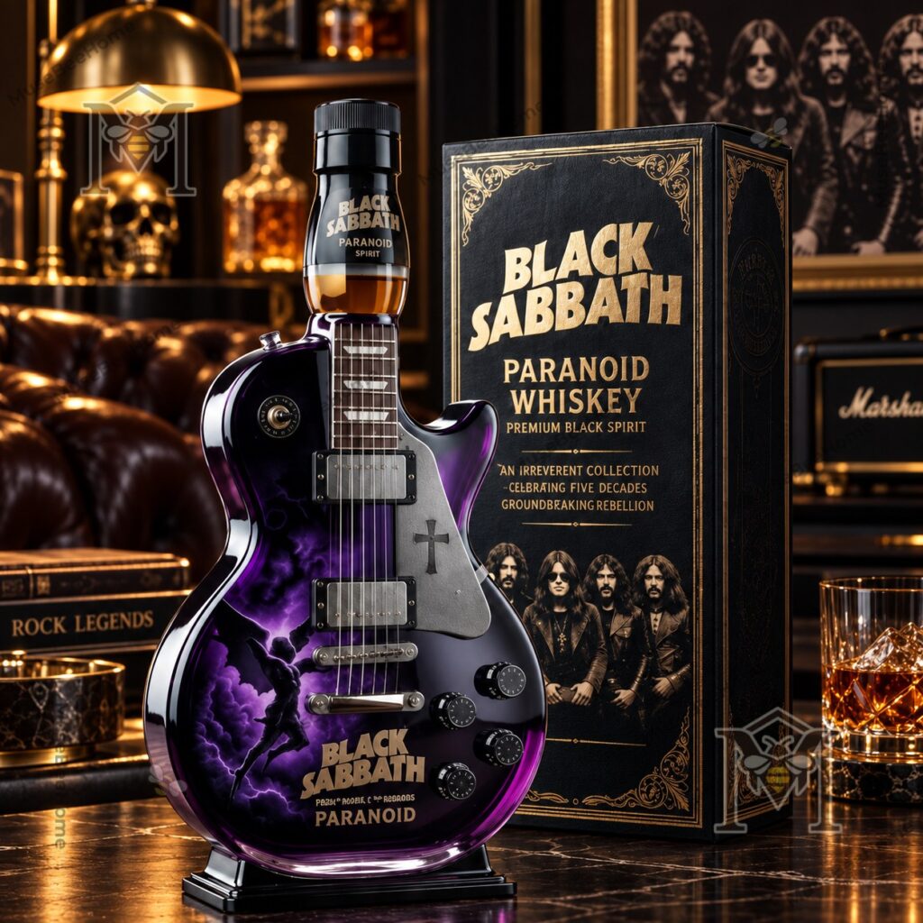 Black Sabbath Paranoid Guitar-Shaped Whiskey Bottle – Front view with presentation box Black Sabbath Paranoid Guitar-Shaped Whiskey Bottle - front view with presentation box