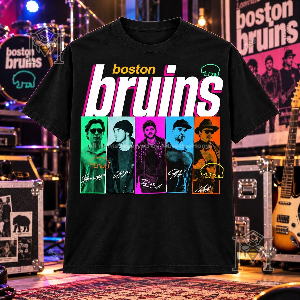 Boston Bruins Millennial Boy Band T-Shirt - front view showing five colorful portrait panels
