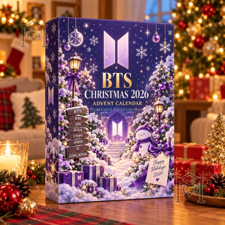 BTS Christmas Advent Calendar 2026 - front and side view showing snowy purple Christmas artwork