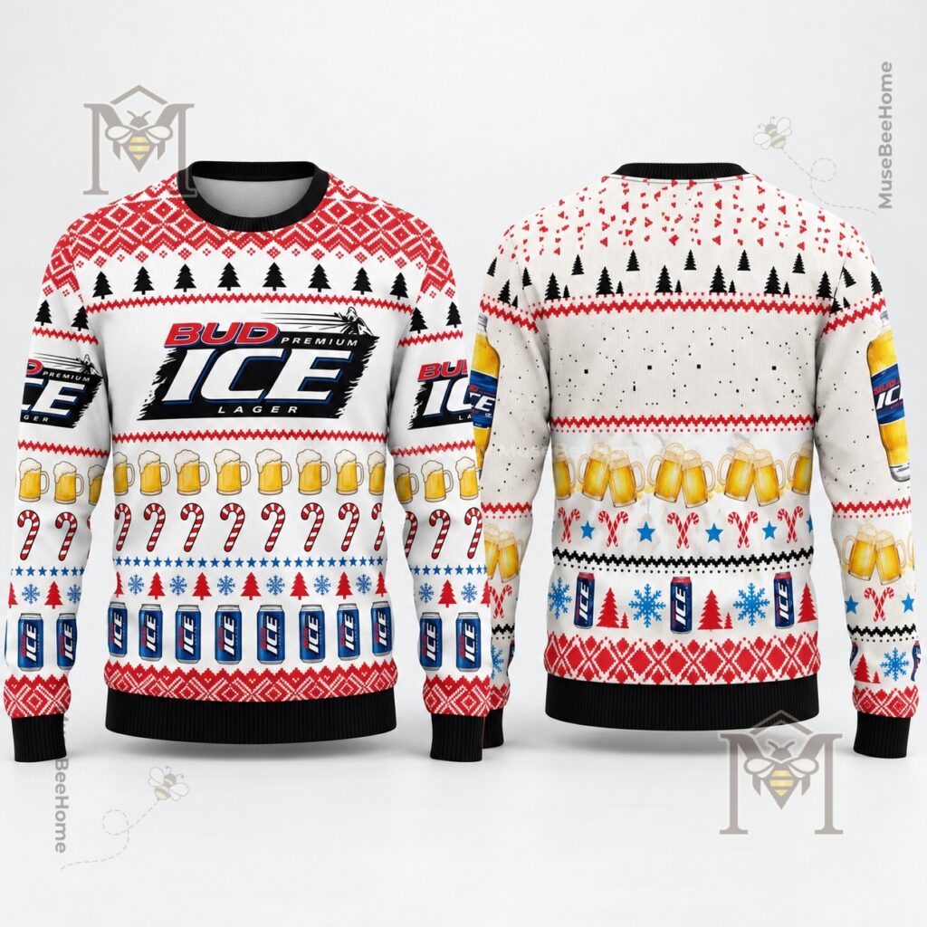 Bud Ice Lager Beer Christmas Ugly Sweater - front and back views with beer-themed holiday patterns