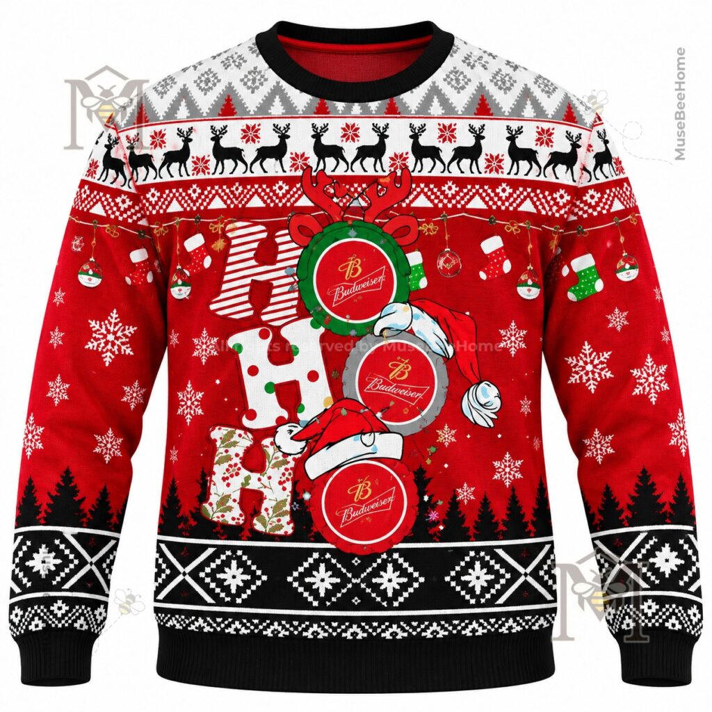 Budweiser Ho Ho Ho Snowy Funny Ugly Christmas Sweater – Front view with festive Christmas Budweiser Ho Ho Ho Snowy Funny Ugly Christmas Sweater - front view with festive Christmas pattern