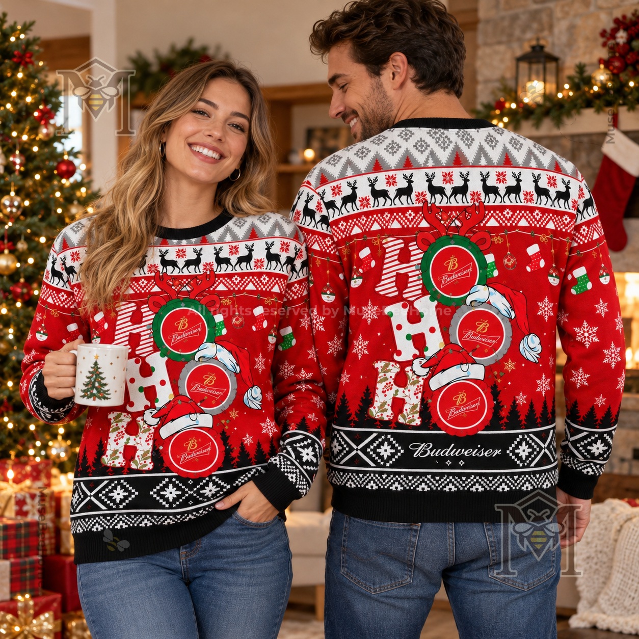 Budweiser Ho Ho Ho Snowy Funny Ugly Christmas Sweater - photo 3