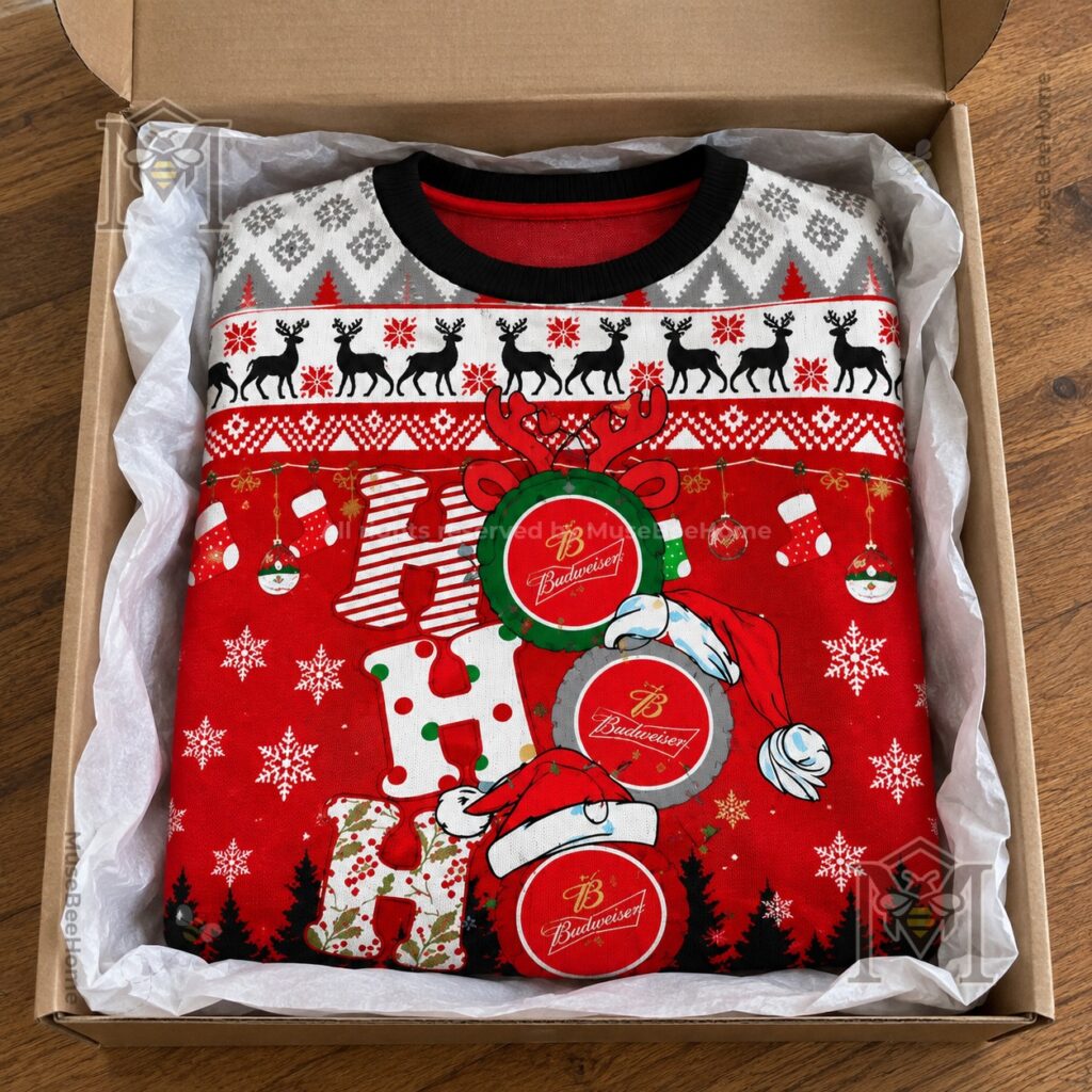 Budweiser Ho Ho Ho Snowy Funny Ugly Christmas Sweater - photo 5