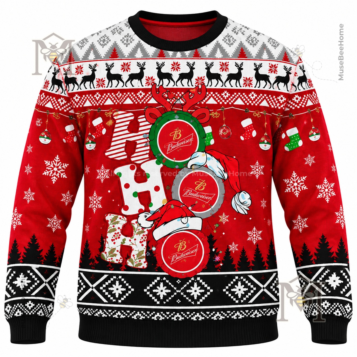 Budweiser Ho Ho Ho Snowy Funny Ugly Christmas Sweater - front view with festive Christmas pattern