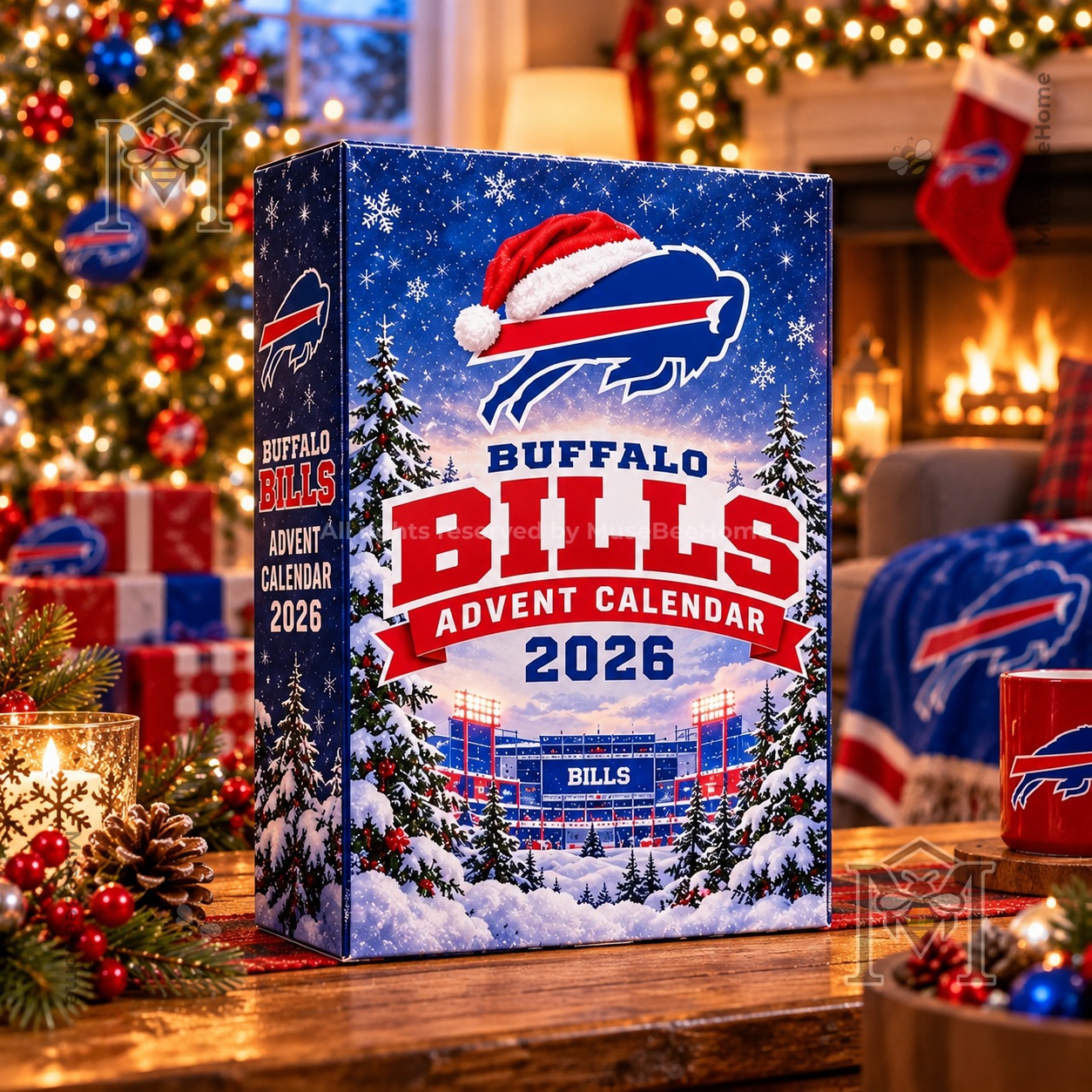 Buffalo Bills Christmas Advent Calendar 2026 - front and side panels with Santa hat logo