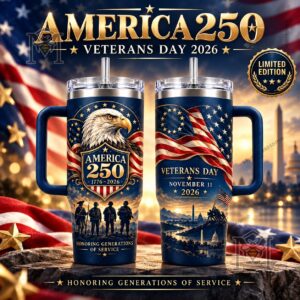 Veterans Day 2026 USA 250th Anniversary Tumbler - front and reverse designs with patriotic graphics