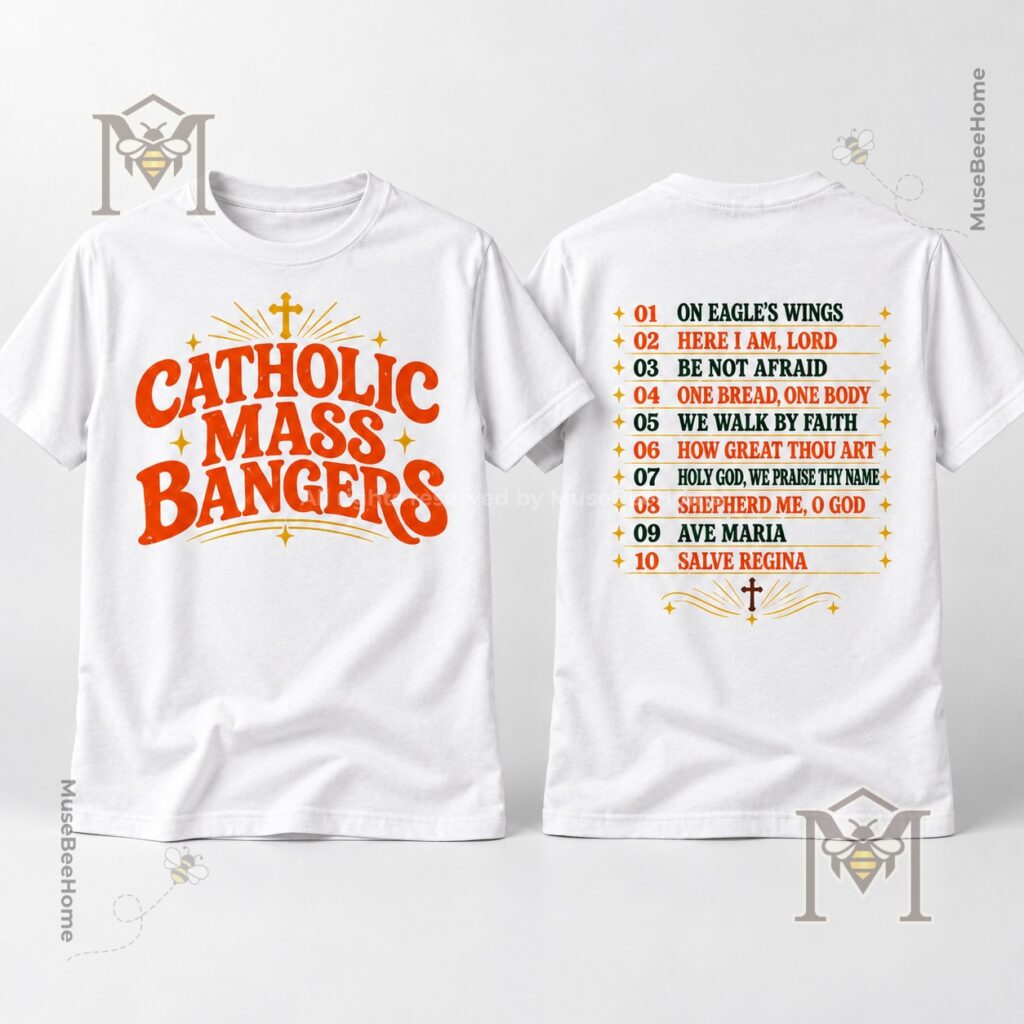 Catholic Mass Bangers Vintage Printed T-Shirt - front and back views with printed designs