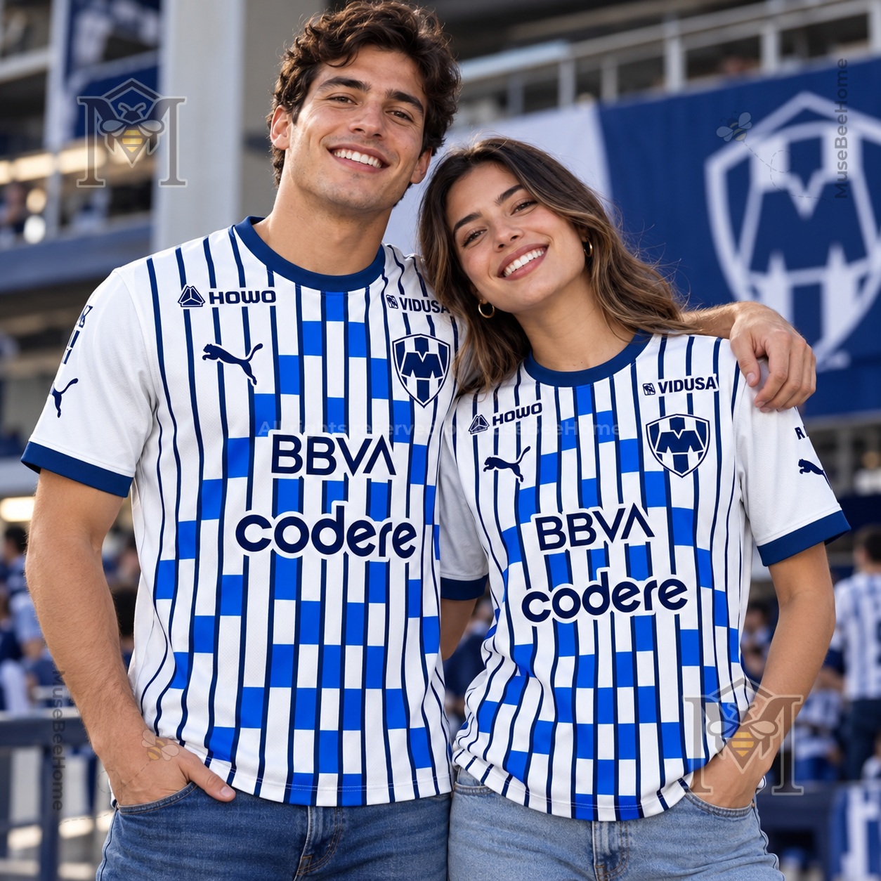 CF Monterrey 2026-27 Blue and White Vertical Stripe Football Jersey - close view of crest and sponsor logos