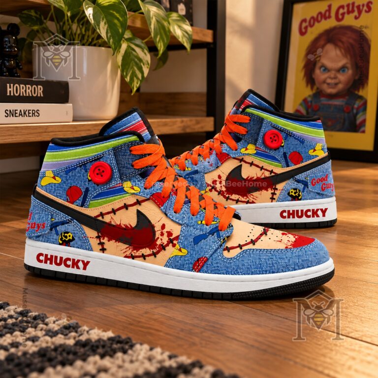 Chucky Good Guys Horror Movie High Top Sneakers 2026 - angled pair view with orange laces