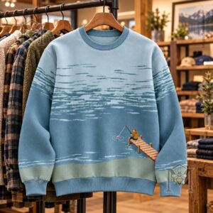 Fishing Vintage Pier Scene Sweatshirt - full front showing striped water pattern