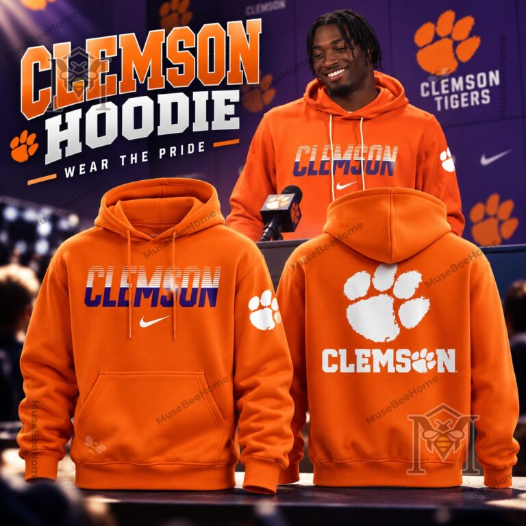 Clemson Tigers Wordmark and Paw Orange Hoodie - front, back, and model views