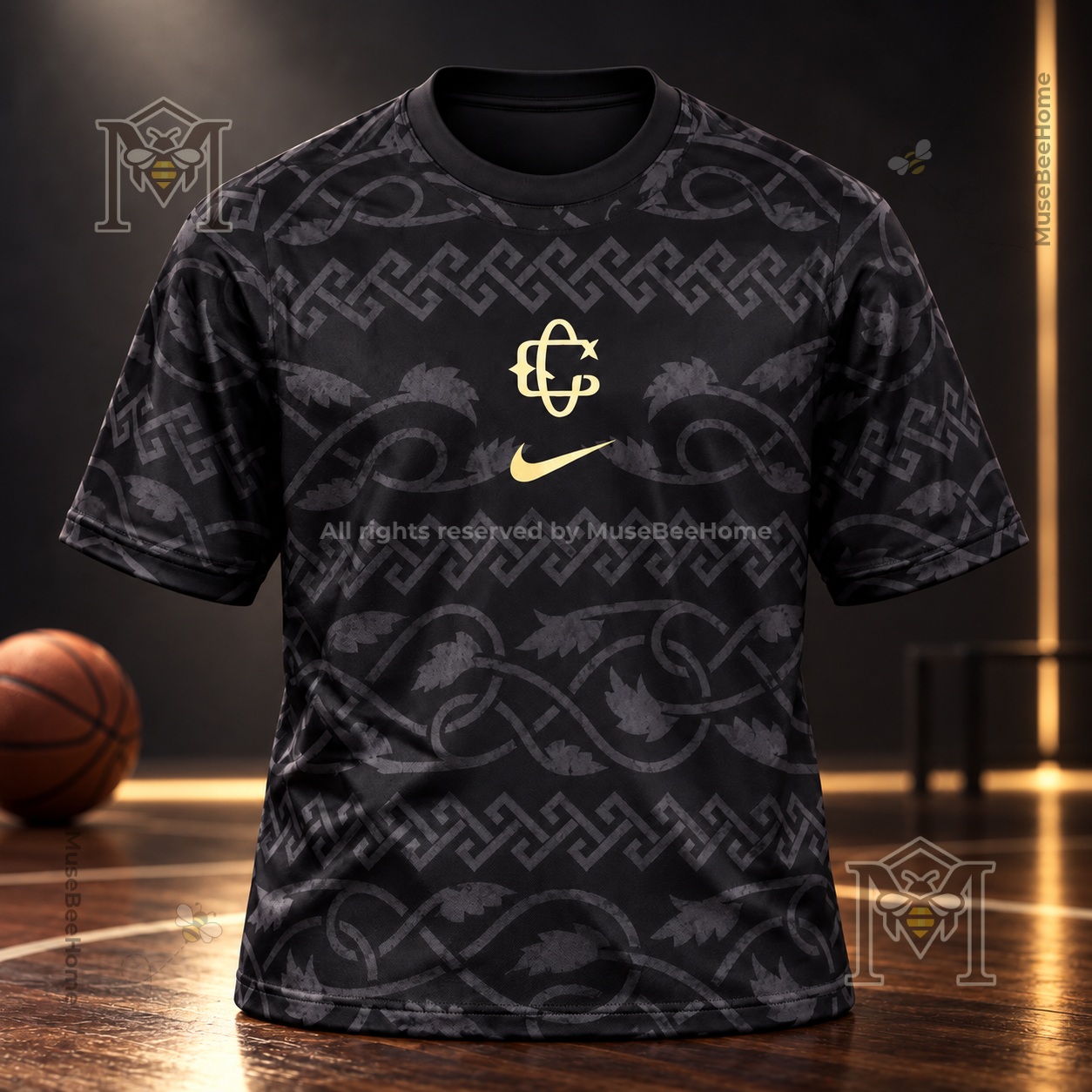 Club Deportivo Guadalajara pre-match T-shirt - front view with gold emblem and patterned design