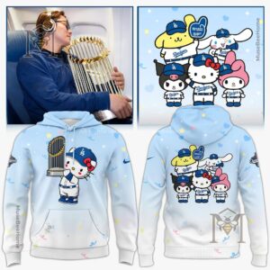 Los Angeles Dodgers Hello Kitty and Friends Hoodie - model wearing hoodie showing front trophy graphic
