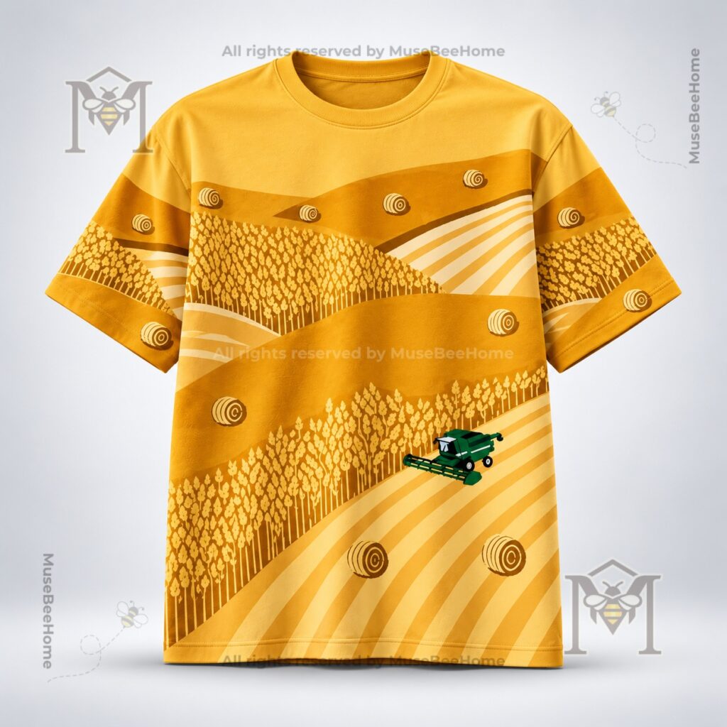 Combine Harvester Wheat Field Farming Shirt – Front view with full agricultural Combine Harvester Wheat Field Farming Shirt - front view with full agricultural landscape print