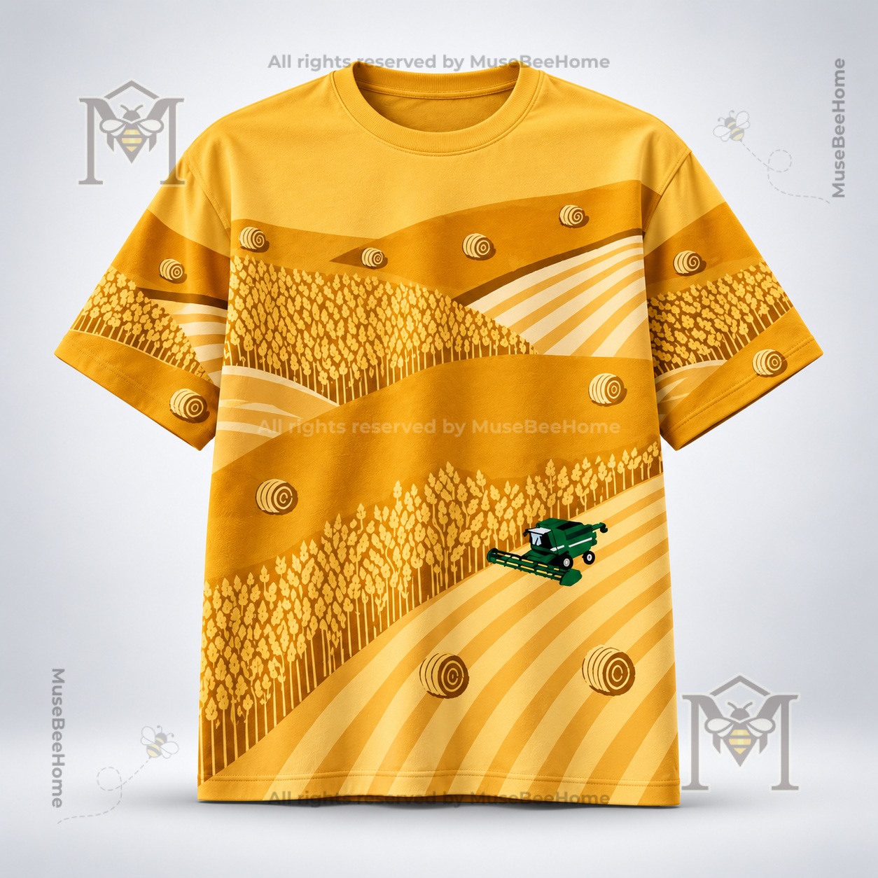 Combine Harvester Wheat Field Farming Shirt - front view with full agricultural landscape print