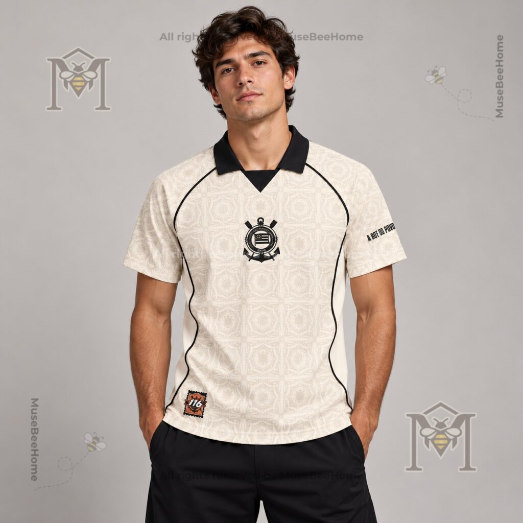 Corinthians Paulista 116th Anniversary Custom Beige Jersey - front crest and patterned fabric