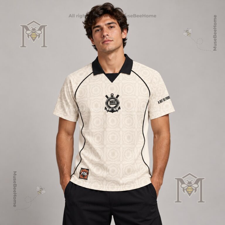 Corinthians Paulista 116th Anniversary Custom Beige Jersey - front crest and patterned fabric