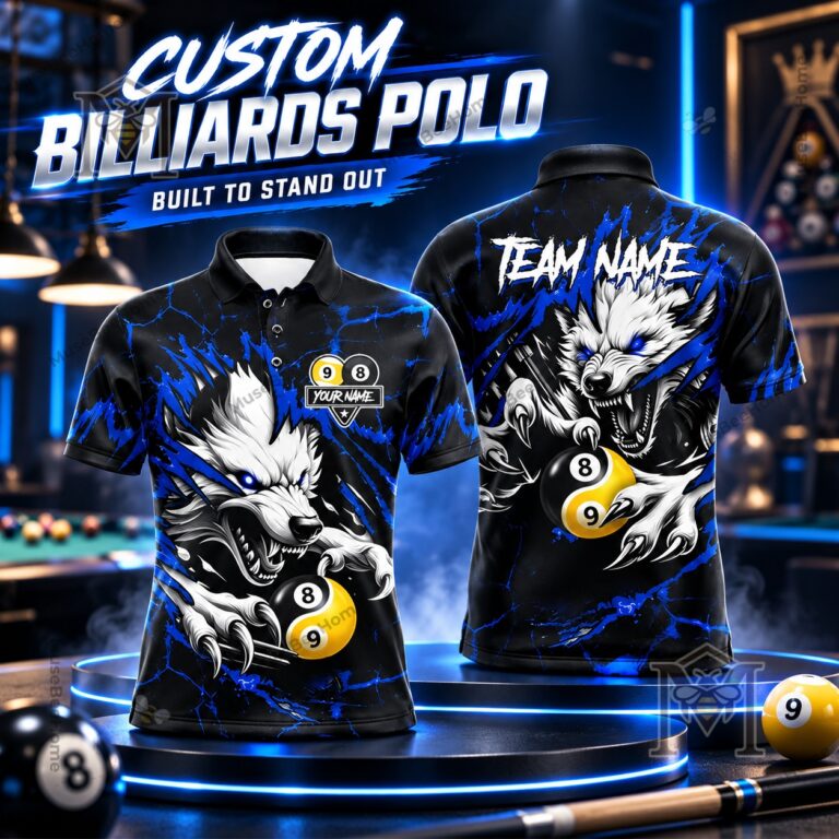Custom Wolf 8 Ball and 9 Ball Billiards Polo - front and back views with wolf graphics