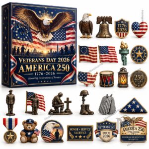 Advent calendar box showing eagle, flags, stars, and patriotic lettering