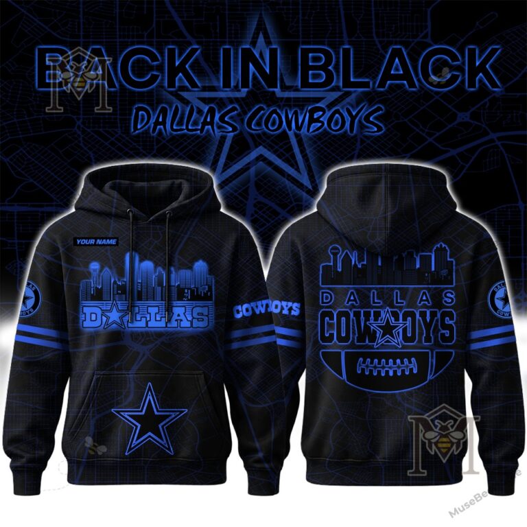 Dallas Cowboys Back In Black Personalized Hoodie - front and back views with blue graphics