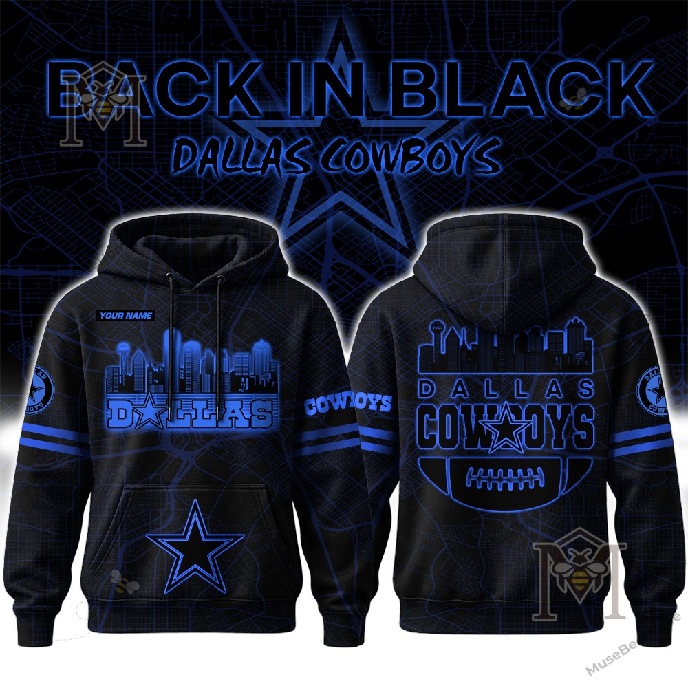 Dallas Cowboys Back In Black Personalized Hoodie - front and back views with blue graphics