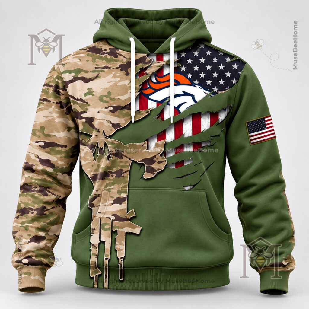 Denver Broncos hoodie showing camouflage sleeves and distressed flag graphic