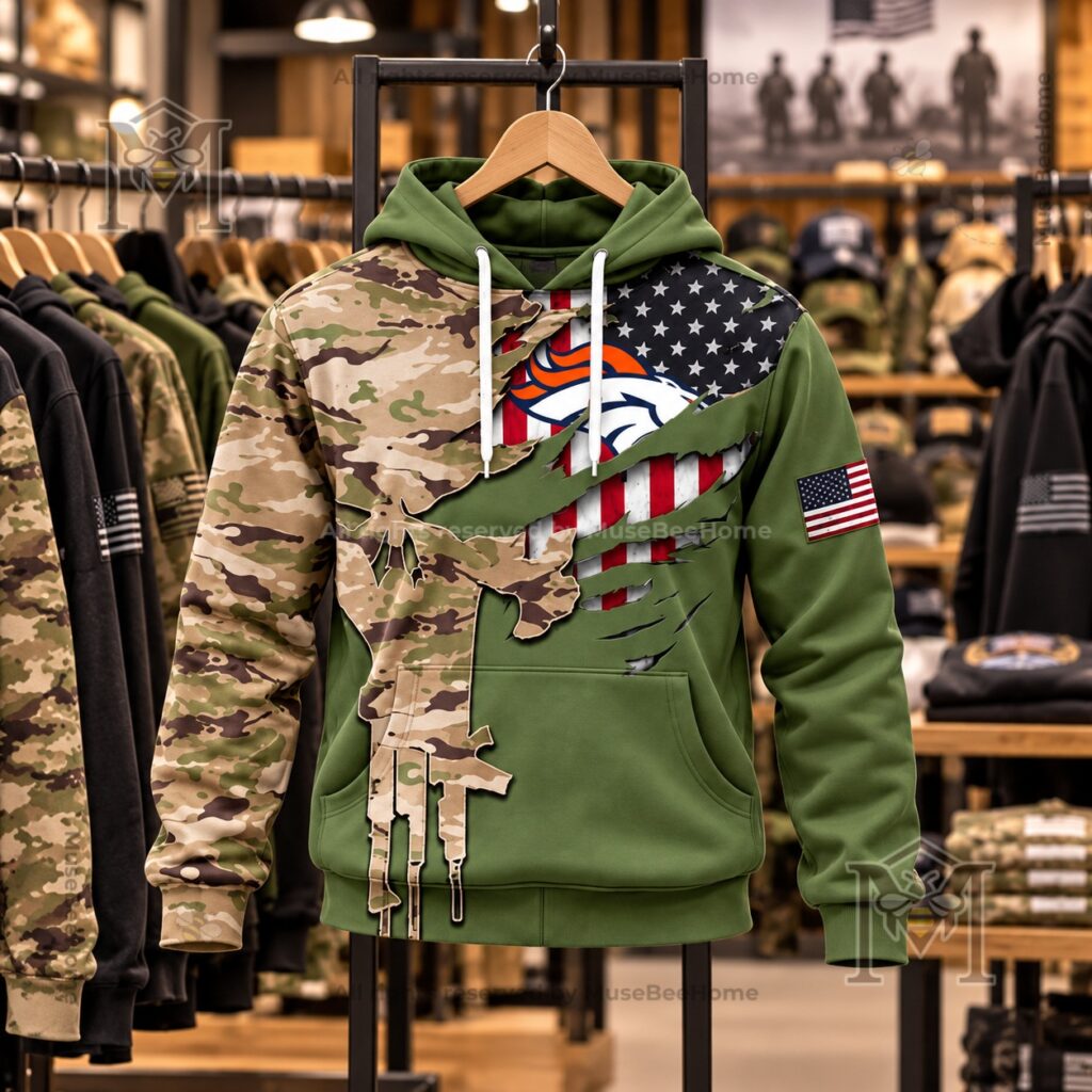 Denver Broncos hoodie displaying U.S. flag sleeve patch and front logo
