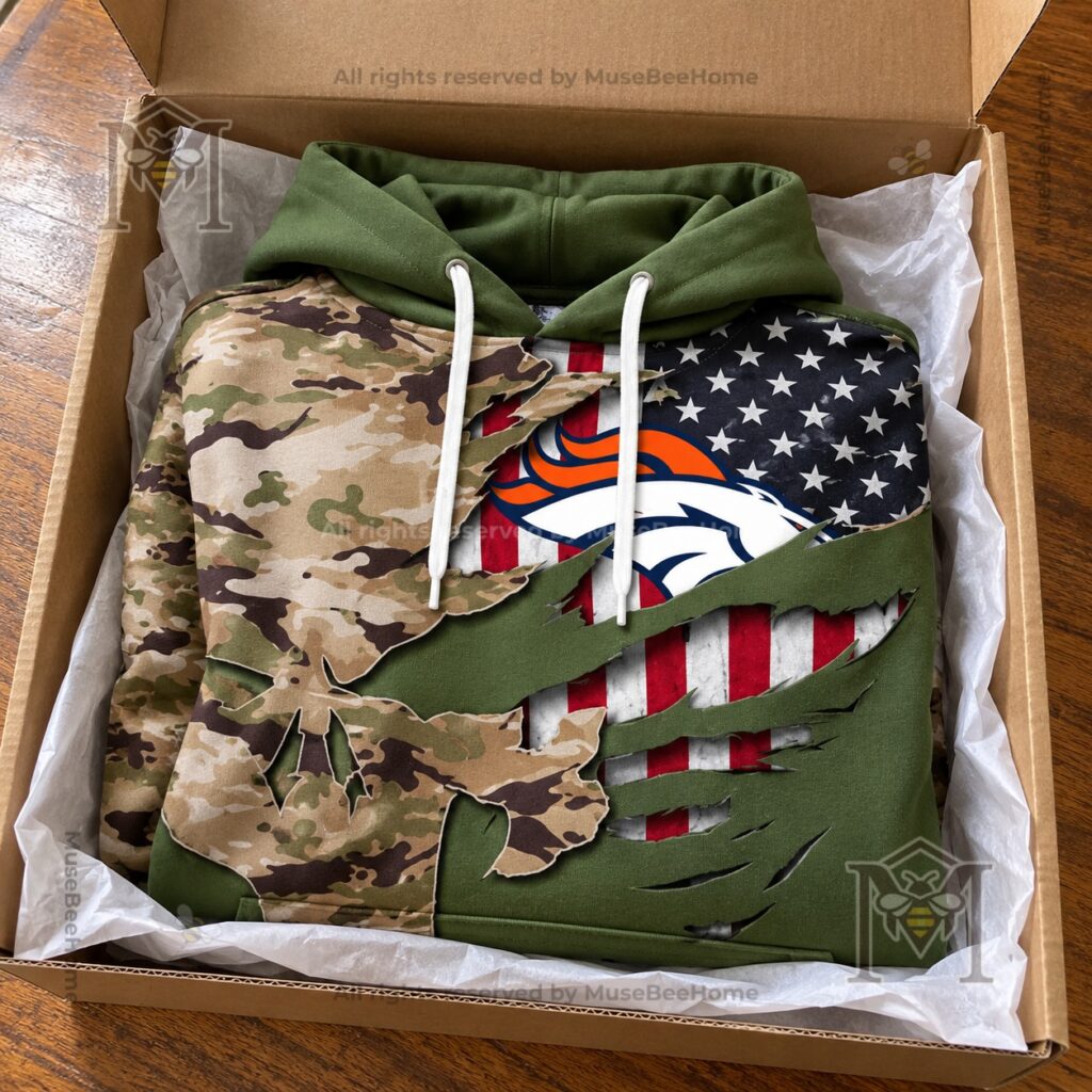 Denver Broncos hoodie shown with military camouflage and olive-green styling