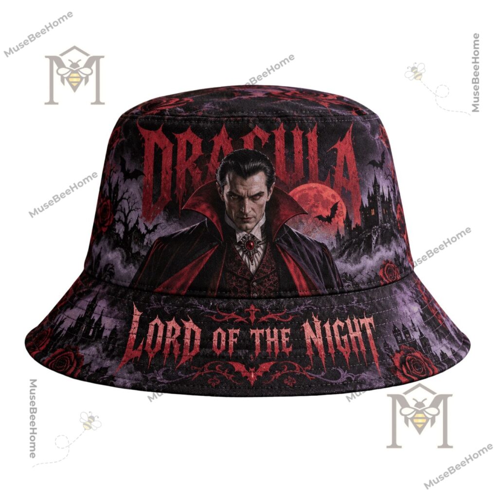 Dracula Lord of the Night Gothic Horror Bucket Hat – Front view with Dracula portrait Dracula Lord of the Night Gothic Horror Bucket Hat - front view with Dracula portrait