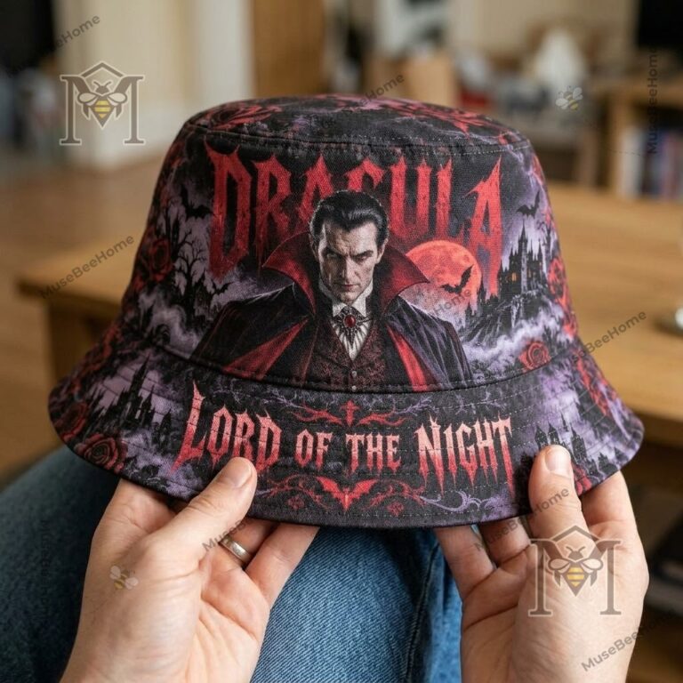 Dracula Lord of the Night Gothic Horror Bucket Hat - angled view showing gothic brim lettering
