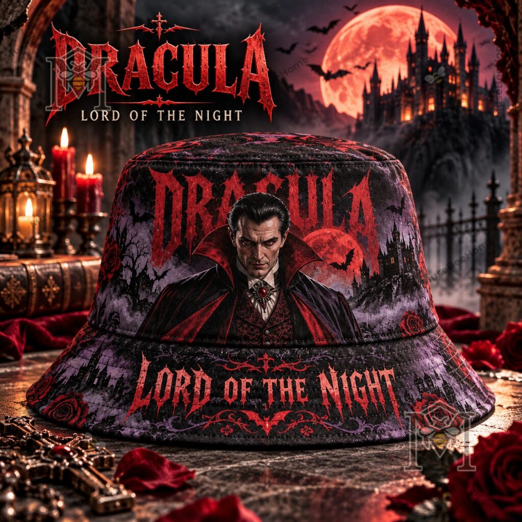 Dracula Lord of the Night Gothic Horror Bucket Hat - close-up of Dracula and red moon artwork